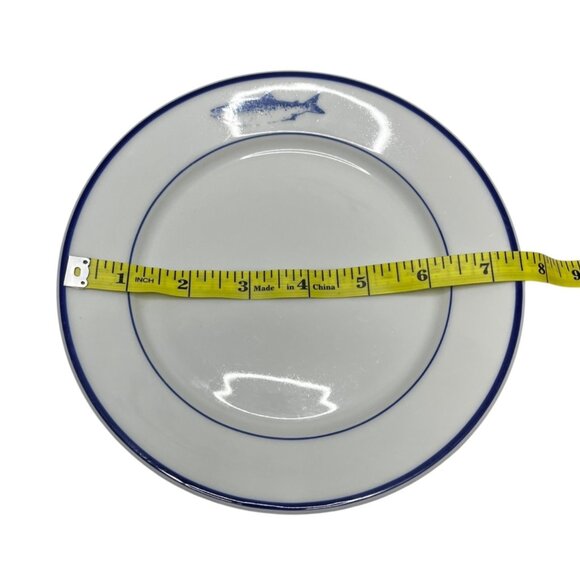 (1) 10 Strawberry Street 7.5" Dessert Plate Fish/Salmon Pattern White Navy Blue - Picture 6 of 6